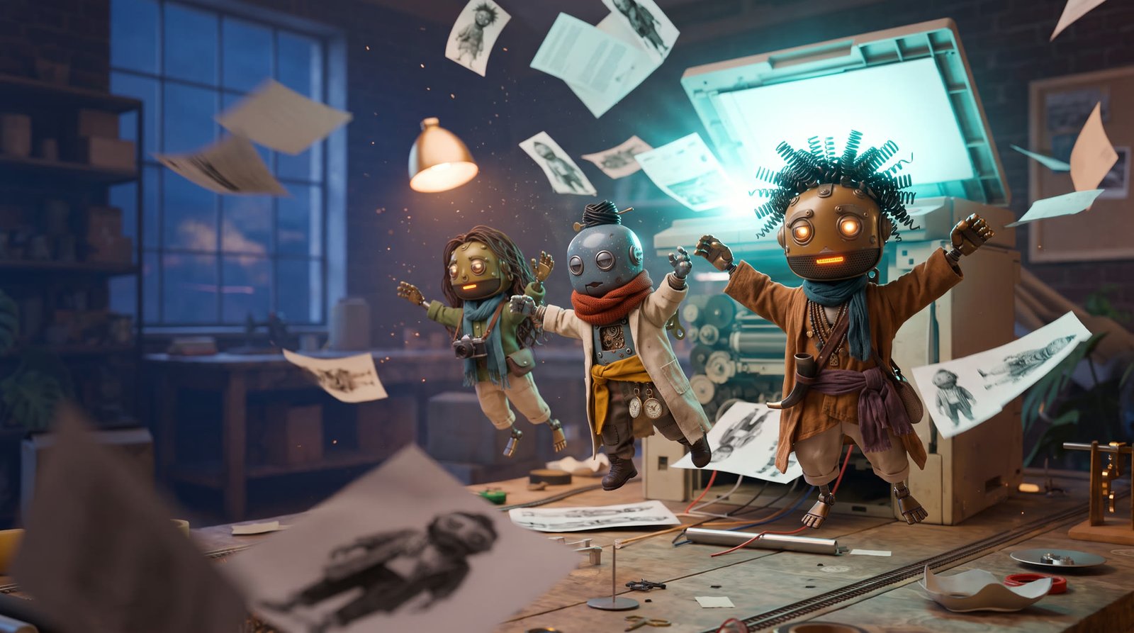 Titelbild des Musikvideos „Copy of Me“: Aufzieh-Roboter am Kopierer, Papier fliegt