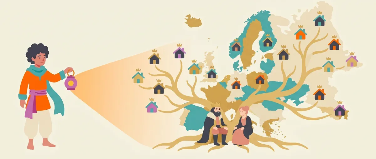 A sprawling family tree: two crowned root figures at the base, their branches spreading as small crown-emblems across the silhouette of Europe.