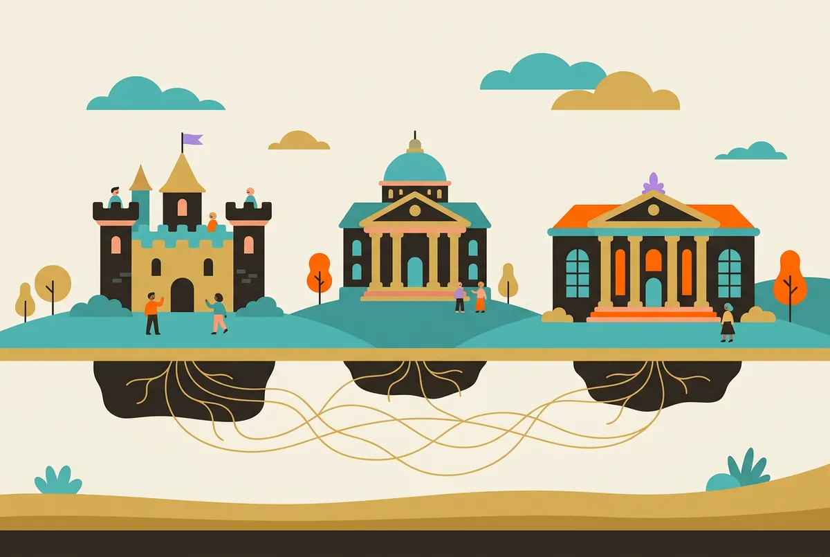 A castle, a bank, and a museum stand apart, yet thin golden threads connect them underground like roots.