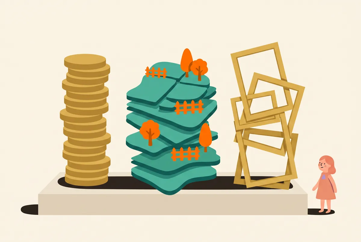 Three monuments of wealth side by side on a plinth: a tower of gold coins, a stack of land parcels, and a column of gilded empty picture frames.