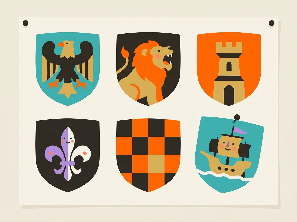 A collector's sheet of six simplified heraldic shields in two rows — eagle, lion, tower, fleur-de-lis, checker, and ship.