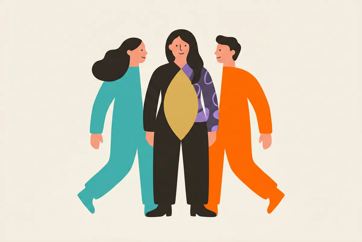 Deux demi-figures (l'une en sarcelle, l'autre en orange) fusionnent au centre en un être humain entier ; le recouvrement rougeoie d'or comme une vesica.