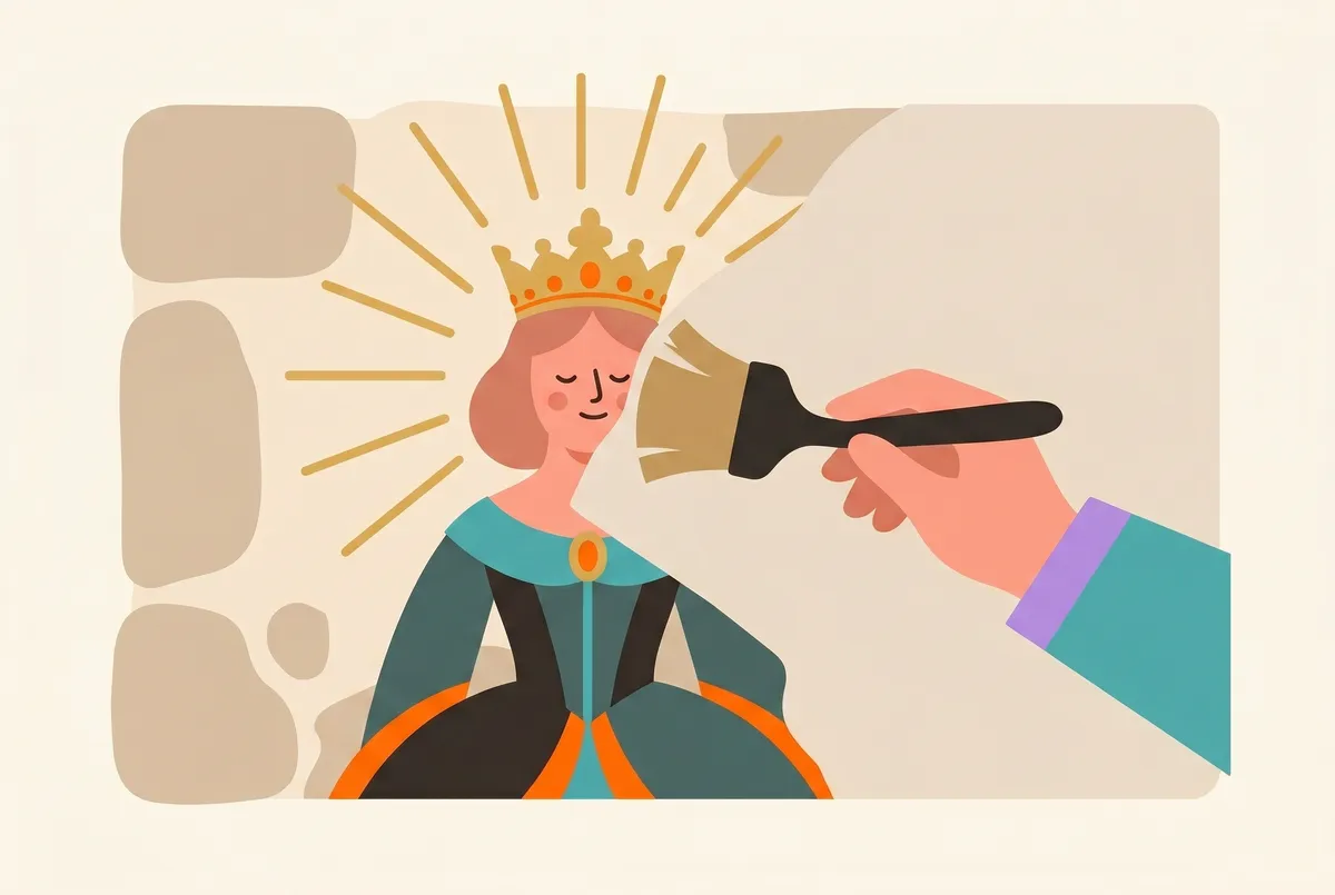 Une peinture murale d'une figure féminine couronnée, à moitié recouverte de plâtre ; une main la dégage à nouveau au pinceau, et de la moitié mise au jour rayonne de l'or.