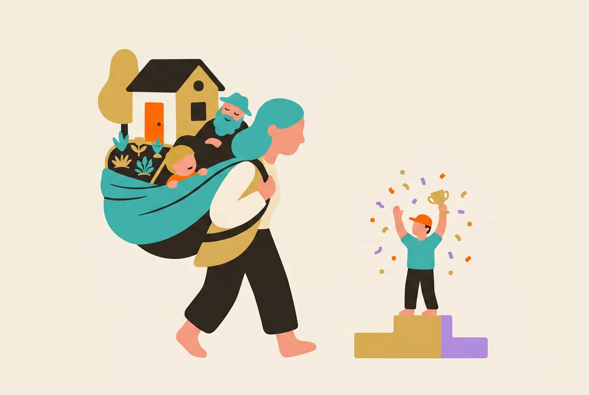 Une femme porte tout un petit monde sur son dos : maison, enfant, jardin et une personne âgée. Au premier plan, un podium célèbre un homme avec un minuscule trophée.