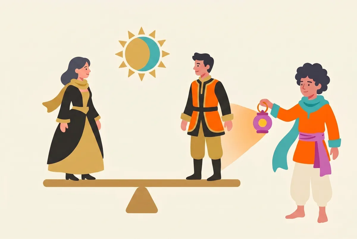 Une balance à fléau parfaitement horizontale : à chaque extrémité, de taille égale, une femme et un homme ; au-dessus du centre, un disque moitié soleil, moitié lune. À droite, Chai observe la scène avec calme, sa lanterne à la main.
