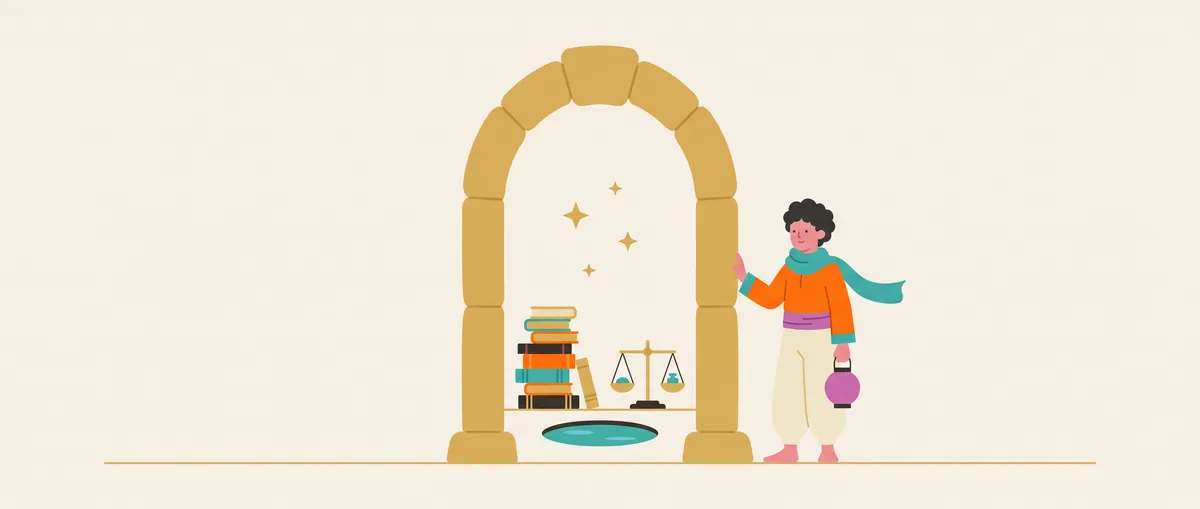 Une arche ouverte, faite de lumière chaude. Derrière elle s'étendent en miniature les paysages du site : une tour de livres, un champ d'étoiles, un étang immobile, une balance. Sur le côté, une silhouette à la petite lanterne tient la porte ouverte.