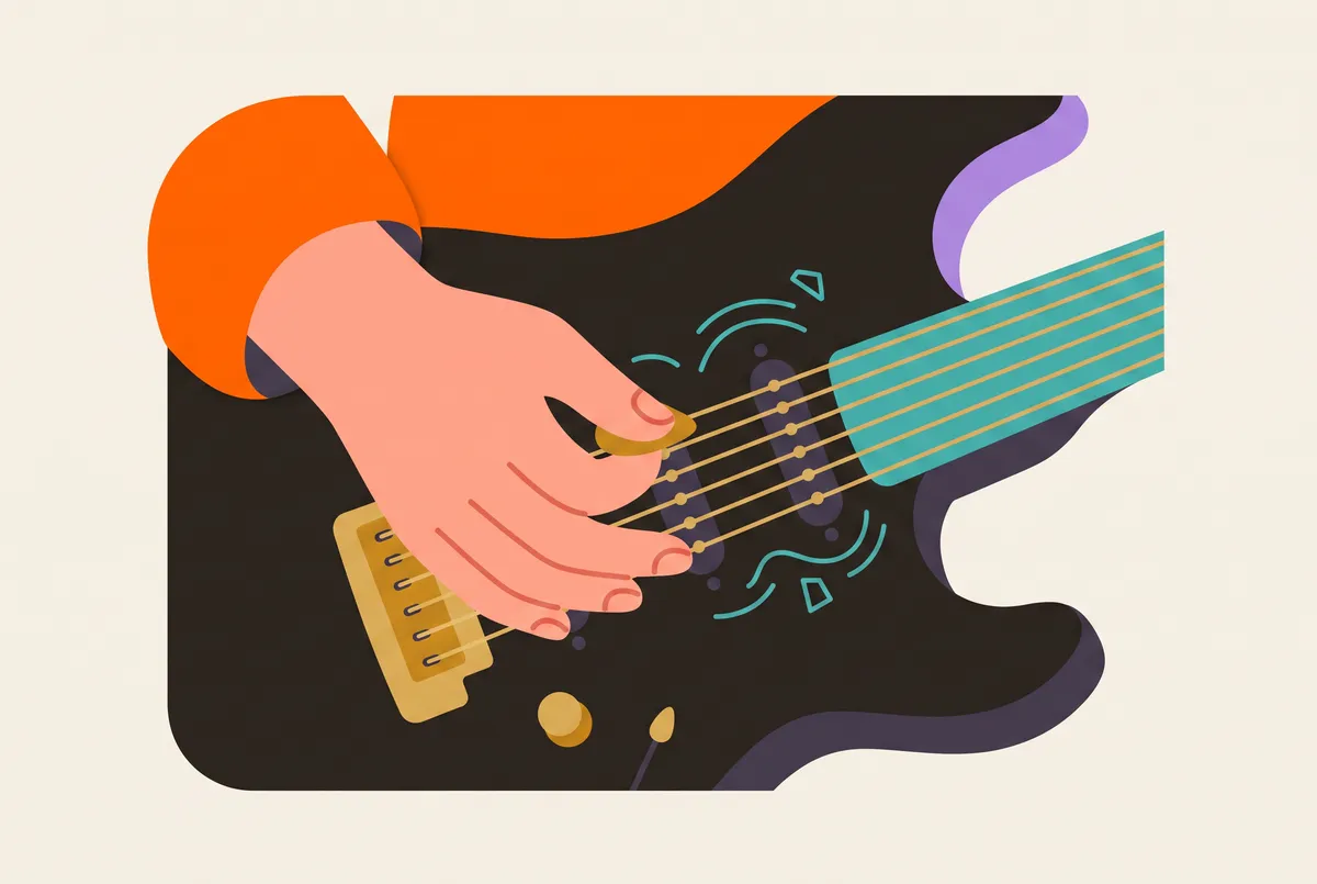 Bir el, altında küçük mıknatıslar bulunan bir elektro gitarın tellerine vuruyor.