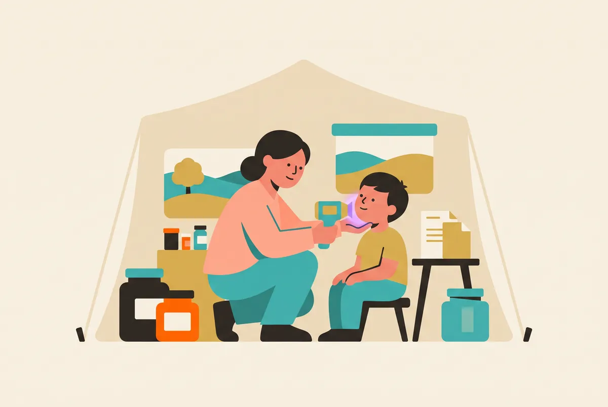 Alat genggam kecil ditempelkan ke rahang di sebuah klinik lapangan.