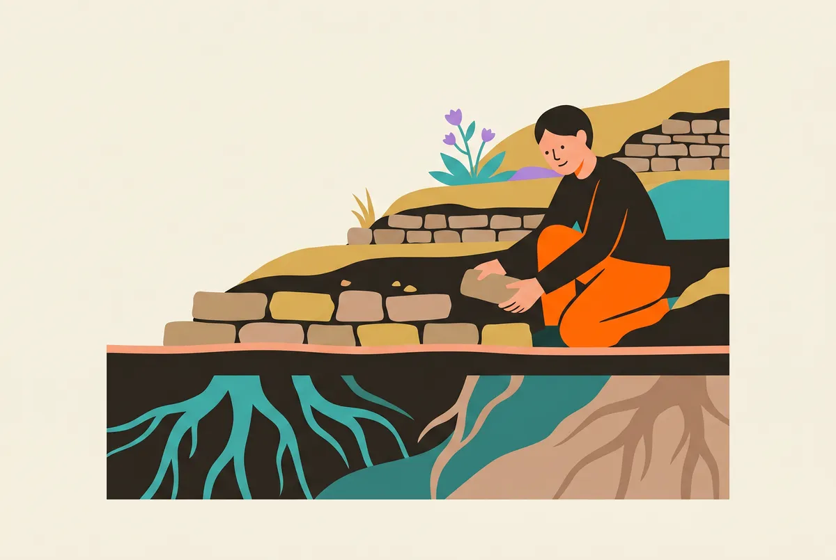 A terraced slope with laid stone foundations and visible roots; a figure sets a stone in place.