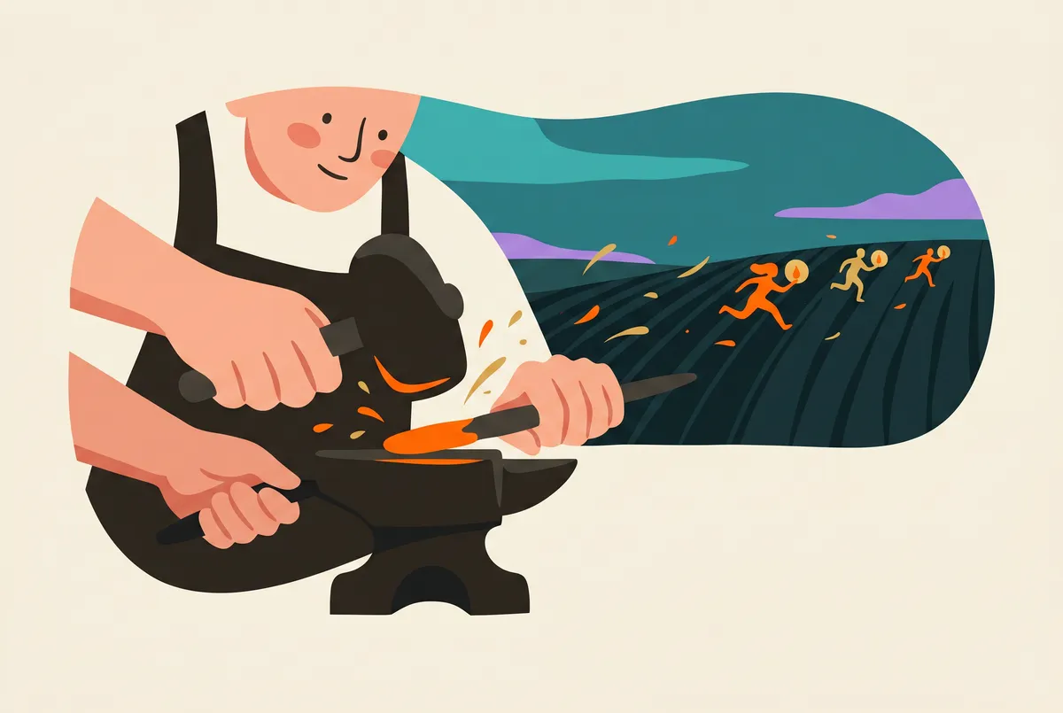 A smith's hands strike sparks from glowing embers; the sparks become tiny glowing runners.