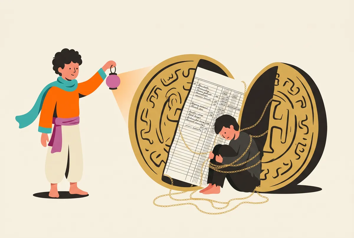 Una moneda de oro gigantesca abierta como un medallón; dentro, una página de libro de deudas manuscrita cuyas líneas corren como cadenas alrededor de una pequeña figura encorvada. Desde la izquierda, Chai proyecta su luz hacia el interior.