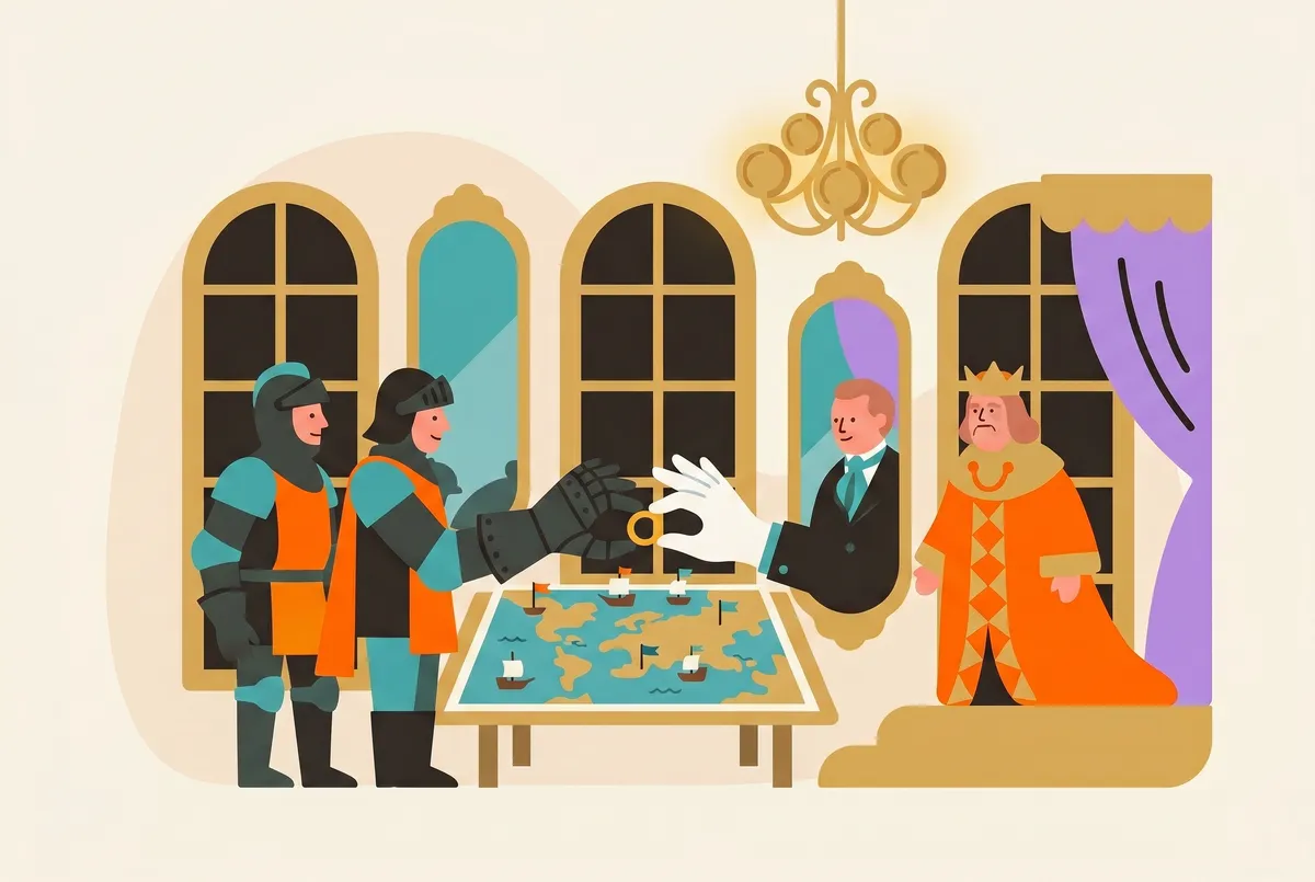 Una boda sobre una mesa de juego: un guantelete de armadura y un guante blanco de banquero intercambian un anillo; sobre ellos cuelga una araña de luces hecha de monedas.