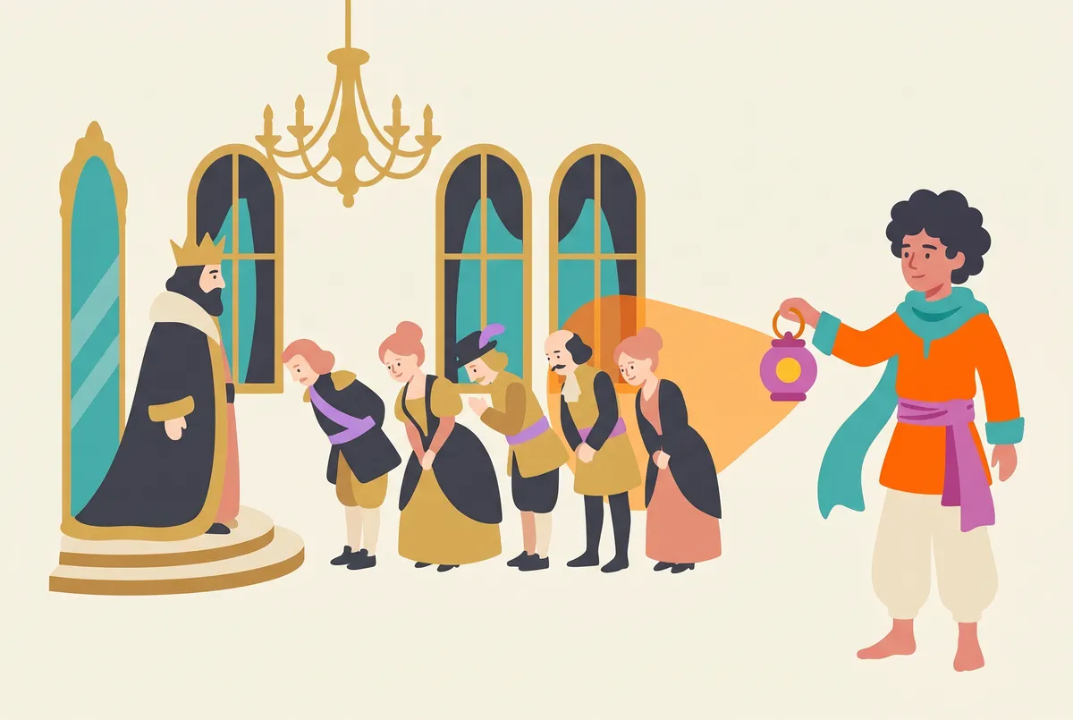 The Sun King on a dais in a baroque hall of mirrors, a row of courtiers bowing before him.