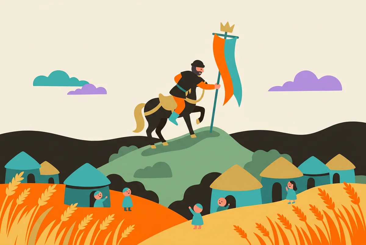 A roving robber dismounts above a small village and plants a crown-topped banner into the hill.