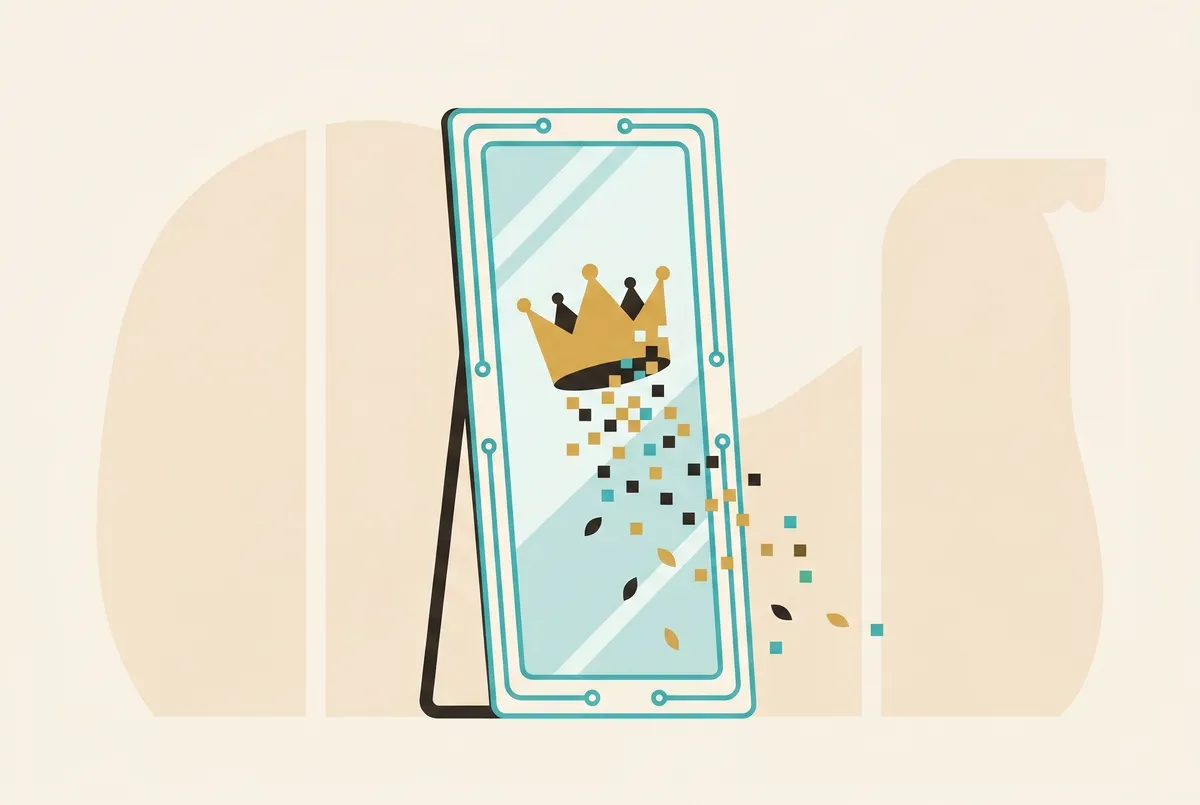 A tall standing mirror framed by circuit-like teal lines; it reflects a floating crown whose reflection breaks into small pixels drifting away.