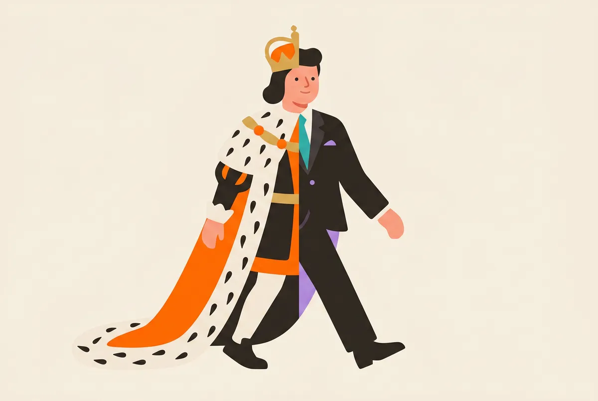 A single figure mid-step between two mirrored halves: on the left an ermine mantle and crown, on the right the same face continuing in a modern charcoal suit with a teal tie.