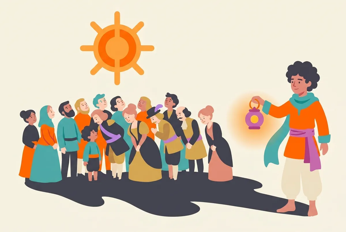 A crowd of many small, varied figures looks up at one large glowing shared emblem above them; their shadows merge into a single shape.