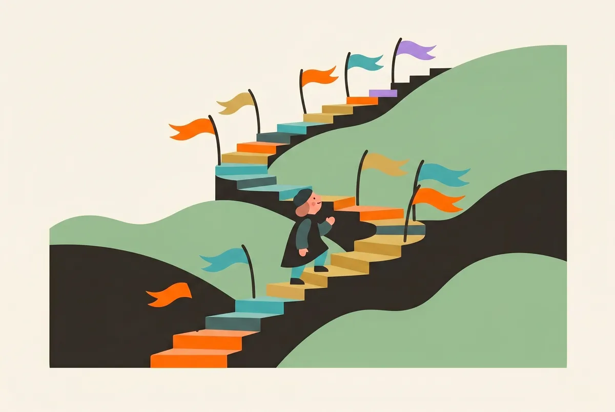 Un escalier en spirale s'enroule à travers une colline, chaque marche porte une bannière d'une couleur différente ; au centre, une petite silhouette grimpe.