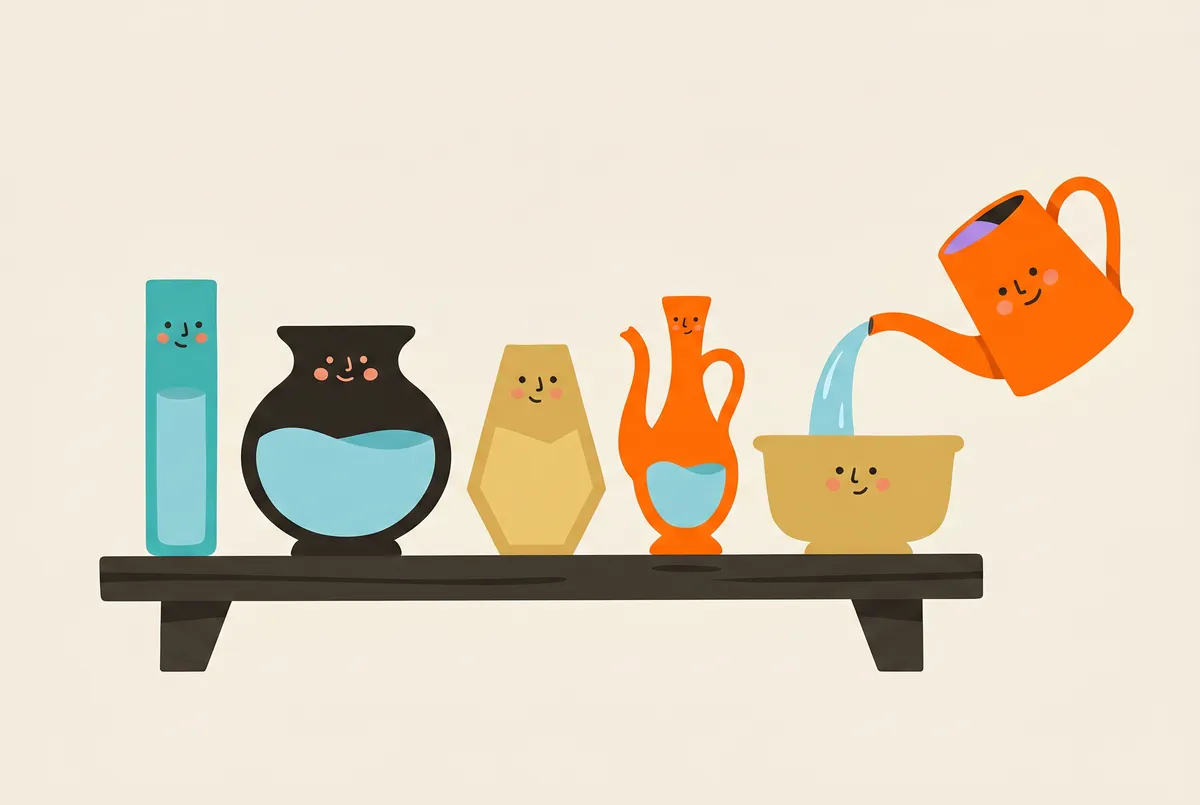 Five differently shaped vessels stand side by side; one watering can fills them all with the same water.