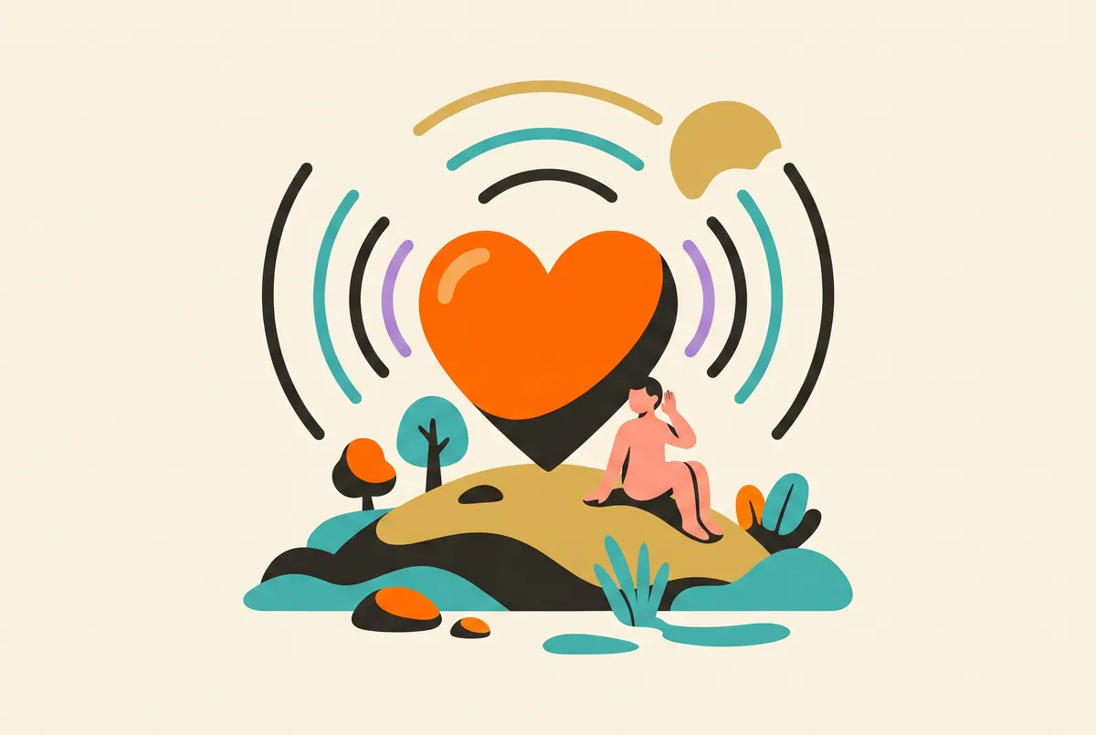 A heart stands as a beacon on a hill, sending out waves; a figure listens beside it.