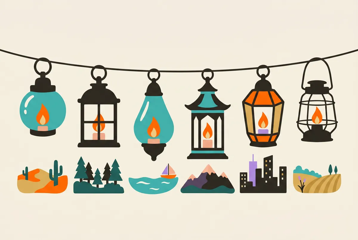 Six differently shaped lanterns hang on a line above six miniature landscapes. The same flame burns in all of them.