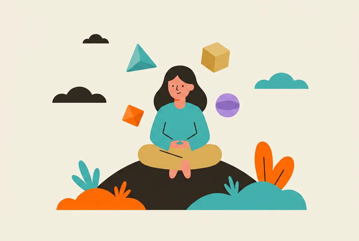 Una figura en meditación; alrededor de su cabeza giran, translúcidos, un tetraedro, un cubo y una esfera.