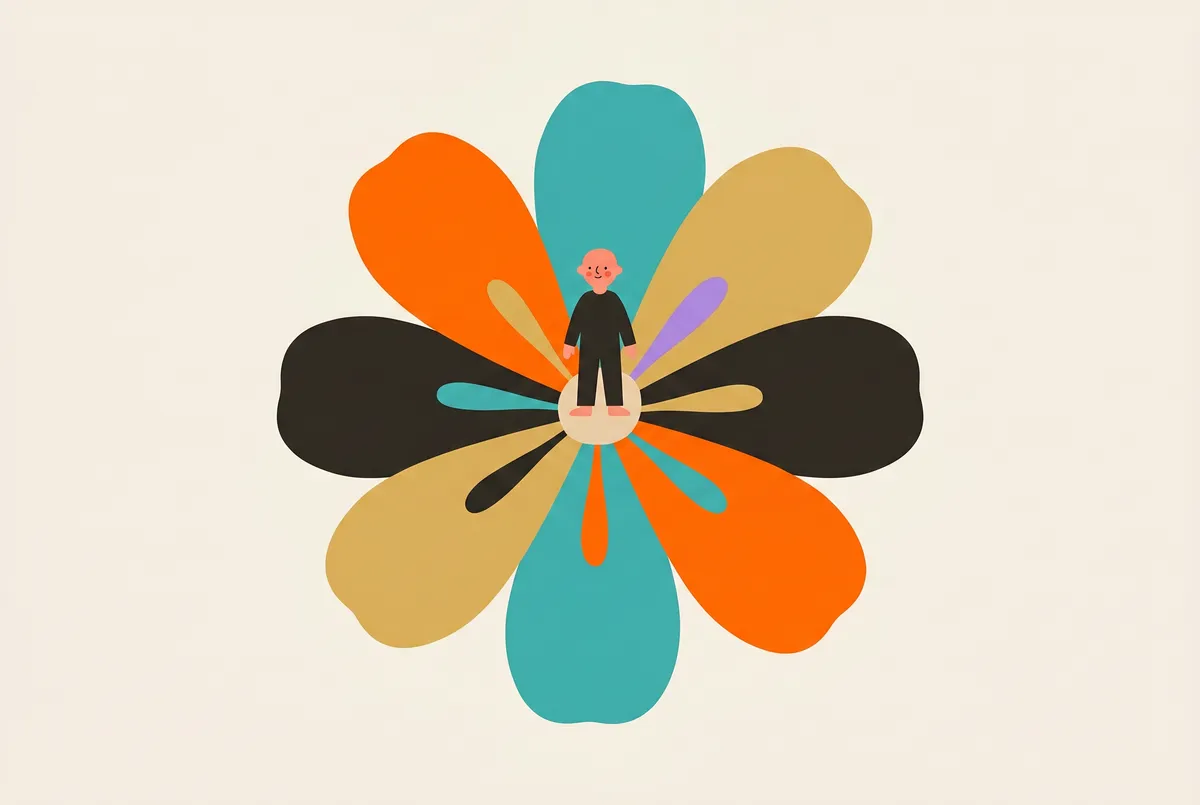 Una flor de ocho pétalos en tonos cálidos y fríos; en el centro está sentada una figura.