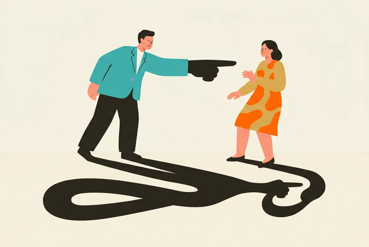A person points accusingly at another; their own shadow points back at them.