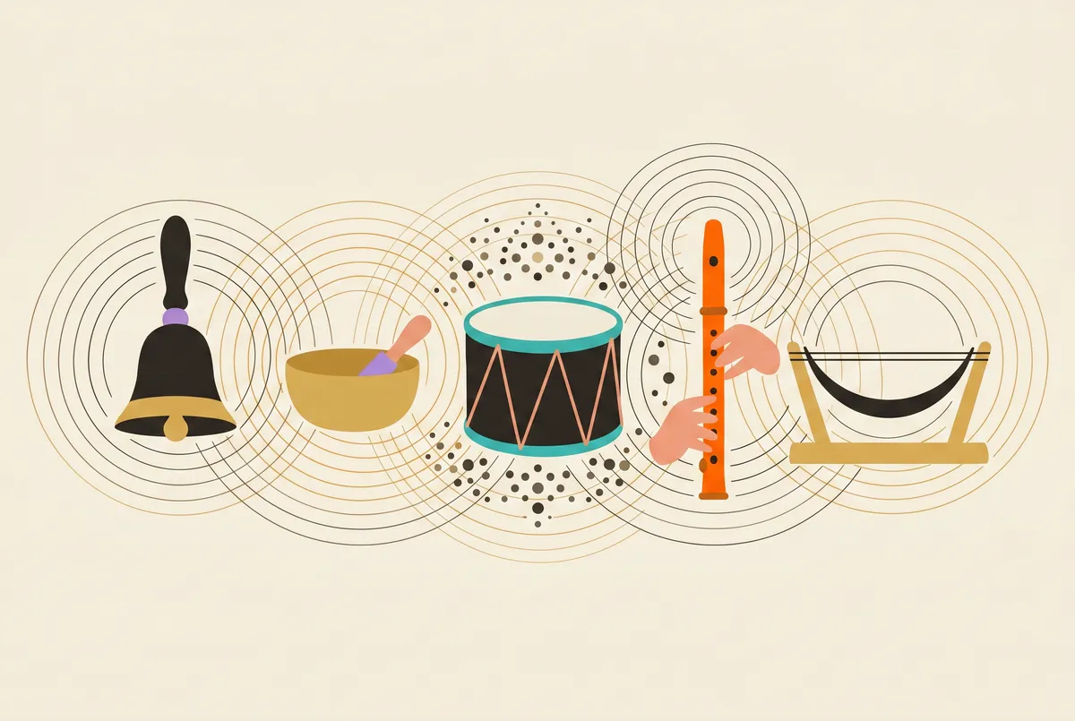 Five sound tools emit concentric rings; scattered dots arrange themselves into a mandala.