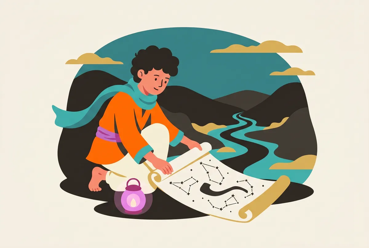 On a lookout, Chai unrolls a star chart whose constellations match the path he has wandered through the valley.