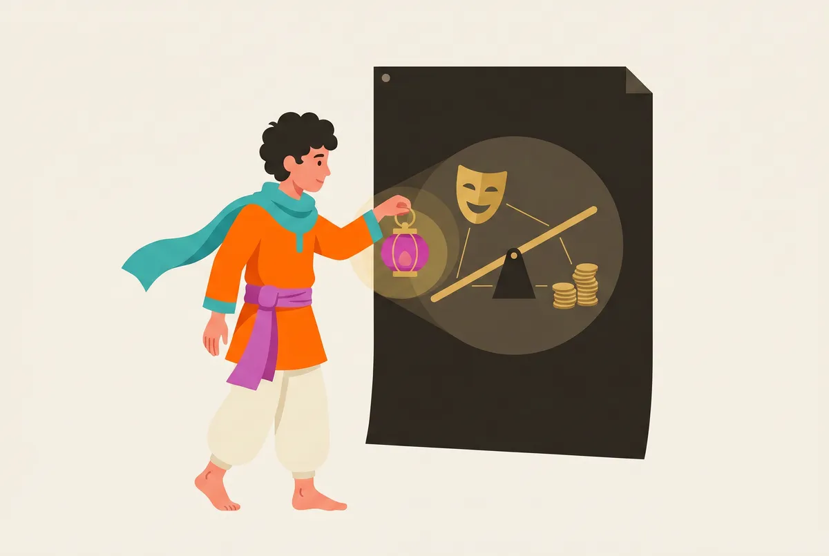 Chai holds his magenta lantern close to a large blank broadsheet on the wall; where the light shines through, the page turns translucent and reveals hidden shapes: a theater mask, a long lever, and a stack of coins joined by thin lines.