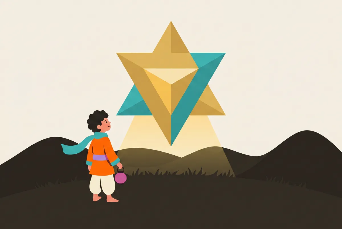 Uma estrela-tetraedro luminosa, feita de triângulos dourados e verde-azulados entrelaçados, paira sobre um prado noturno; pequeno na margem inferior, Chai olha para cima com a lanterna baixada.
