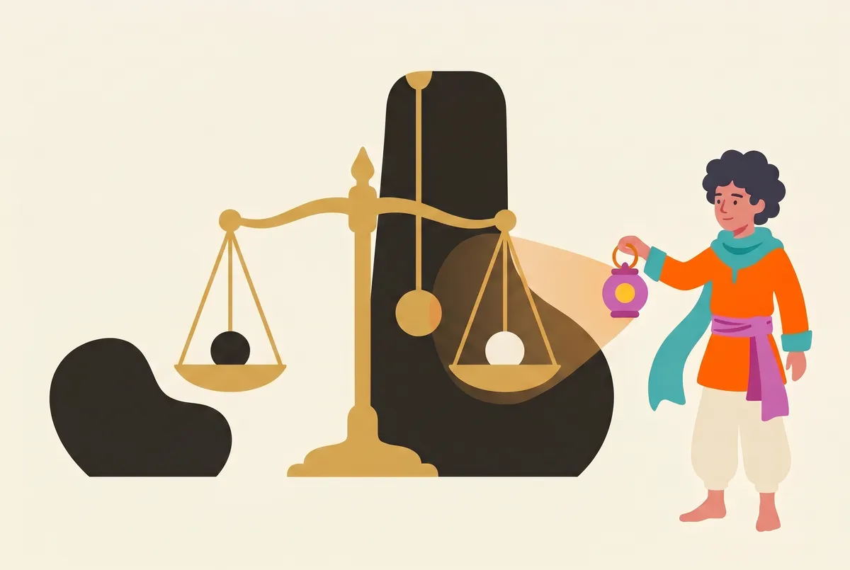 Une balance dorée à fléau repose en parfait équilibre, ses plateaux portant deux sphères de même taille, l'une anthracite, l'autre blanc ivoire ; derrière elle, un pendule se tient immobile et vertical, tandis que Chai observe la scène depuis la droite.