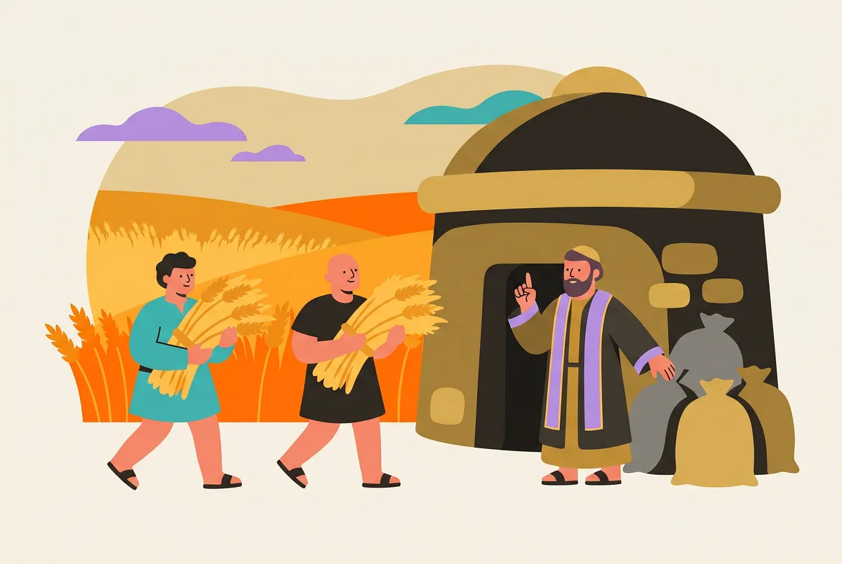 The first round granary beside a golden wheat field; a priest-accountant counts sacks while farmers carry sheaves toward the store.