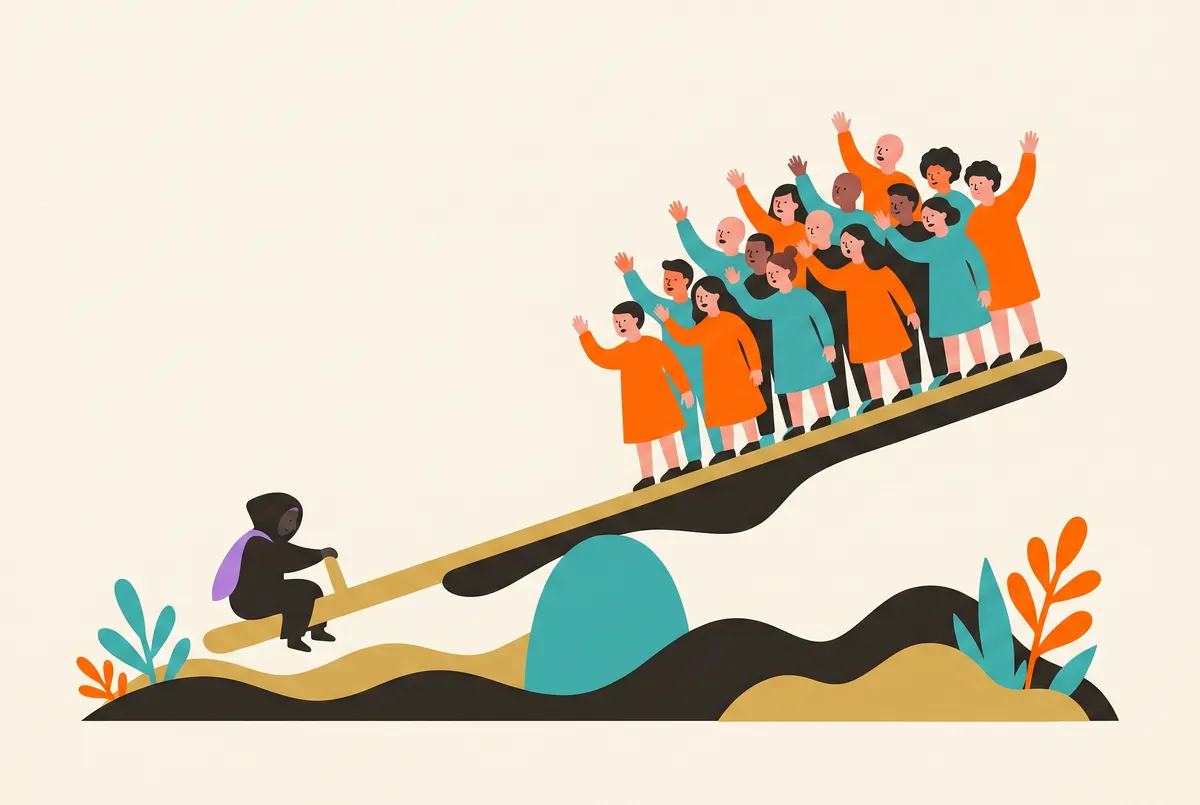 An off-balance seesaw: a tiny figure whispers on the short, heavy end while a whole crowd of speakers on the long, raised end pushes down in vain.