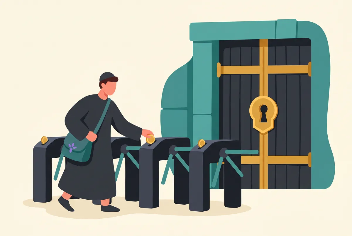A scholar with a satchel pays a coin at each of three successive turnstiles before one enormous locked archive door with a golden keyhole.