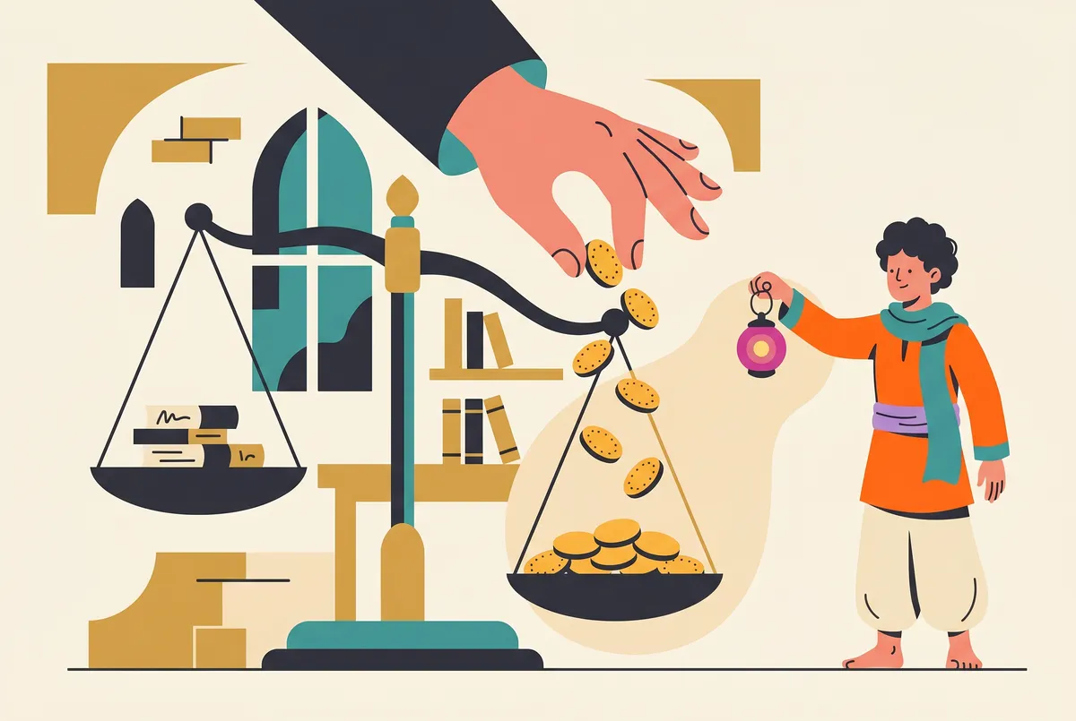 A large balance scale: one pan holds a stack of papers, the other is dragged down by a giant hand dropping gold coins.